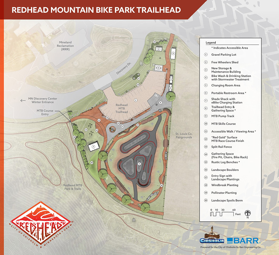 Redhead Mountain Bike Park trailhead improvement plan showing new amenities that support competitive racing, skills development, and community gathering.