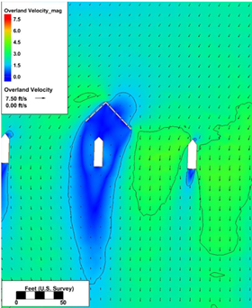 This hydraulic model depicts how a flow deflector, when placed properly, slows water. The blue zone represents a safe underwater work zone around the pier (velocities mostly below 1 foot per second). Adjacent piers show the normal condition with velocity above 3 feet per second.